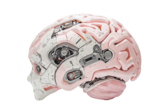 A futuristic robotic head design intricate mechanical components and a pink brain-like structure. set against a clean white background. ideal for technology and innovation themes