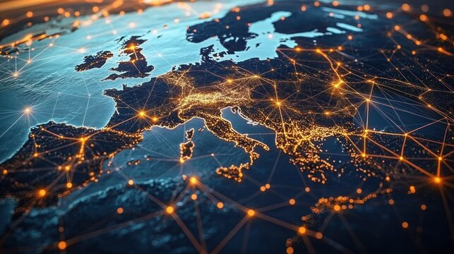 Glowing digital network overlay on illuminated map of Europe and the Mediterranean, interconnected cities and data lines conveying futuristic connectivity and energetic motion