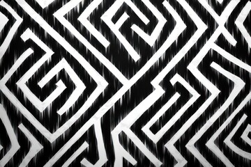 bold black and white geometric maze of angular spiral squares on a vertical brushstroke textured background conveying energetic rhythmic tension