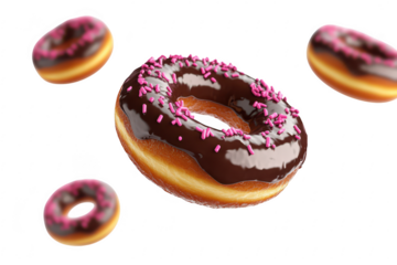 A delicious chocolate frosted donut topped with pink sprinkles. floating in mid-air against a clean white background. perfect for food-related promotions or culinary blogs