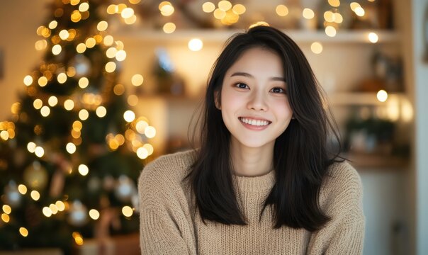 Young asian woman smiling, feeling happy and festive during the winter holiday season with decorative bokeh lights
