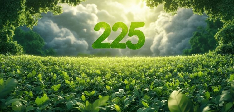 Large green number 225 floating above a sunlit field of lush green leaves framed by overhanging tree canopy and dramatic cloud sky, serene and hopeful - Powered by Adobe