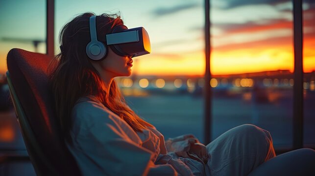 woman wearing a virtual reality headset and headphones seated in a lounge chair by a large terminal window at sunset, leaning back and relaxed, immersed in the experience