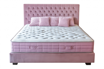 A luxurious pink velvet bed frame with a plush mattress and decorative pillows. set against a clean white background. ideal for modern bedroom decor and interior design inspiration