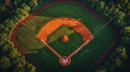 aerial view of an empty baseball diamond surrounded by trees at golden hour, peaceful symmetrical field with striped grass, clay infield and long warm shadows
