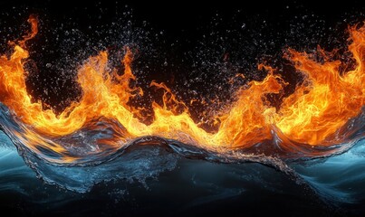 Intense clash of roaring orange flames and crashing blue waves with splashing water and fiery sparks, dramatic elemental collision and turbulent energy