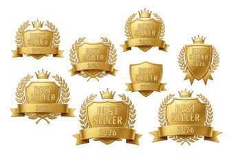 Golden best seller award emblem set isolated on transparent background