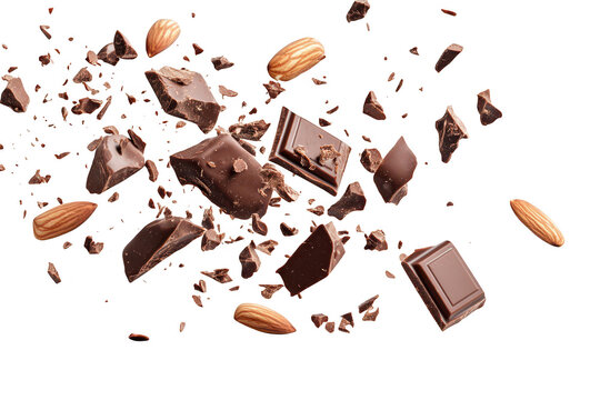 A dynamic explosion of dark chocolate pieces and almonds against a clean white background. capturing the essence of indulgence and culinary creativity. ideal for food-related content - Powered by Adobe