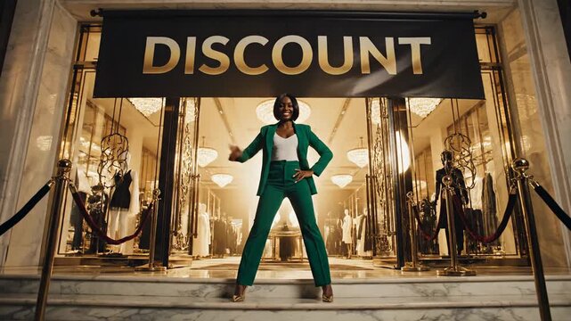 Woman in green suit stands confidently in front of a discount store entrance.