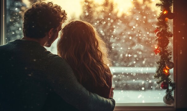 Couple embracing, sharing a cozy moment while looking out a window at falling snow during winter holidays - Powered by Adobe