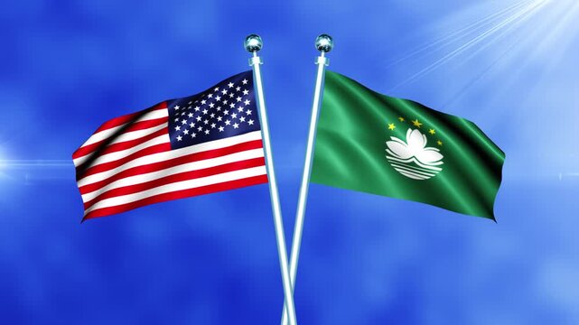 USA and Macau Flag Waving On Pole Loop