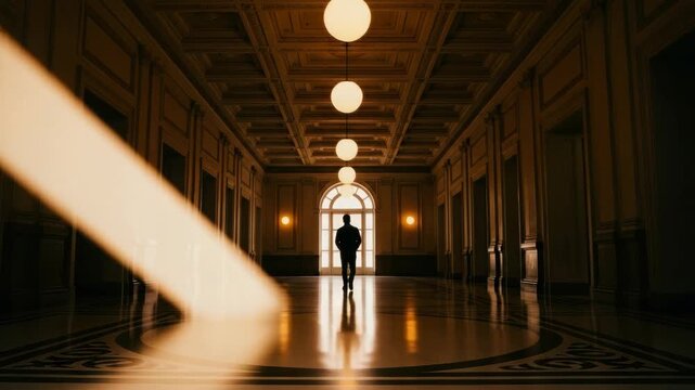 A man's silhouette walking down a long, sunlit corridor in a grand historic building. Cinematic sequence showing a solitary journey towards a bright doorway of opportunity