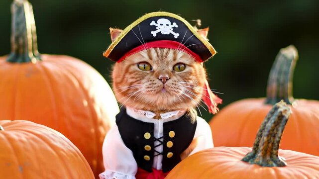 Adorable Cat in Pirate Costume Posing with Pumpkins for Halloween.
