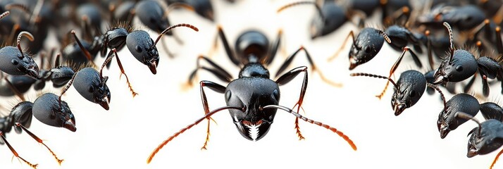 Close-up of a swarm of glossy black ants with sharp mandibles and raised antennae advancing menacingly against a clean white background
