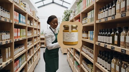 Woman working in a grocery store stocking shelves with organic products.