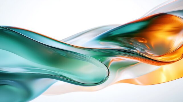 Translucent teal and orange glass-like fluid ribbons flowing gracefully across a bright white background, creating elegant, serene motion with glossy reflections and dynamic energy