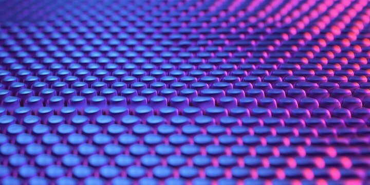 Close-up of glossy metallic circular grid in repeating honeycomb pattern lit by blue and pink neon highlights, creating a futuristic hypnotic and rhythmic abstract texture
