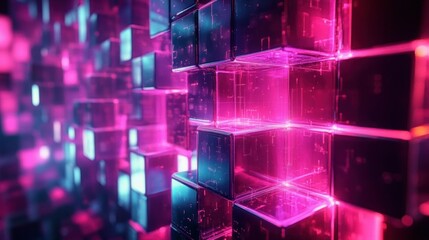 Glowing translucent neon cubes arranged in a repeating 3D grid with vibrant pink and cyan lights and reflective surfaces, conveying a futuristic immersive digital atmosphere