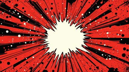 dynamic red comic explosion with jagged white center, black ink splatters and radiating speed lines conveying dramatic energetic impact