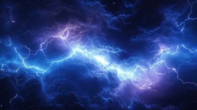 electric blue and purple lightning cutting through turbulent dark storm clouds, a dramatic intense cosmic storm full of raw energy