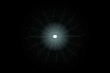 Bright white light source with radiating blue light streaks on black background