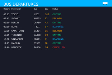 Digital bus departure information screen with destinations and status