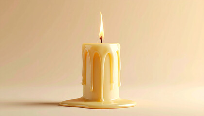 A lit candle with wax dripping down its sides, creating a warm and inviting ambiance.