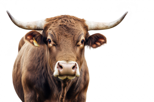 A close-up view of a brown cow with prominent horns and a serious expression. standing against a plain white background. symbolizing rural life and agriculture