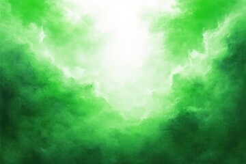 bright central light breaking through swirling green clouds and mist, evoking a mysterious serene and otherworldly atmosphere