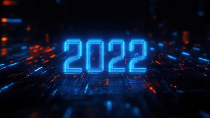 glowing blue digital 2025 numbers hovering above a futuristic circuit board with neon blue and orange lights conveying high-tech anticipation and futuristic optimism