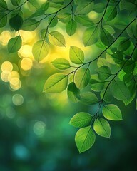 Fototapeta premium Sunlit green leaves on delicate branches with soft bokeh background, serene and refreshing mood