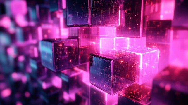 glowing translucent pink and purple cubes in a futuristic digital grid, vibrant and mysterious