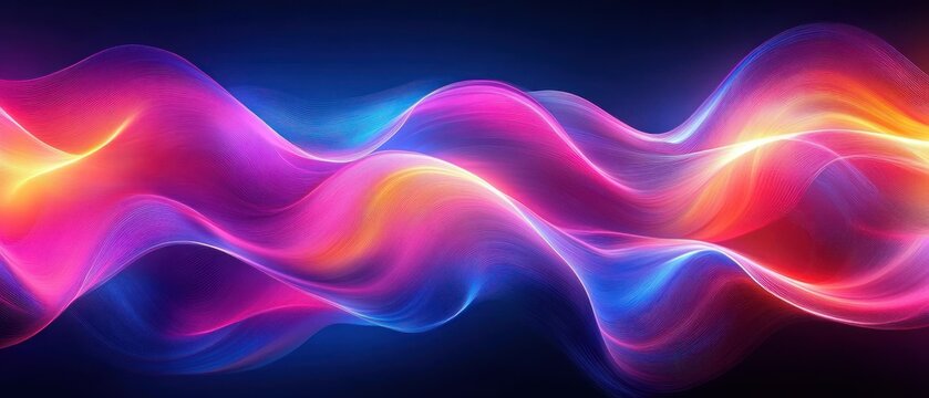 Vibrant flowing neon ribbons of pink, purple, blue and orange light forming smooth waves against a dark background, evoking energetic fluid motion