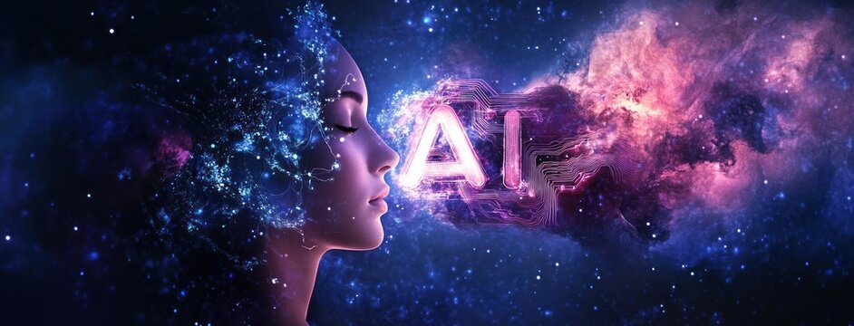 Glowing ai letters entwined with circuit patterns in a vibrant purple and pink cosmic nebula, sparkling stars and electric particles conveying futuristic wonder and inspiration