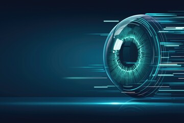 futuristic digital eye with glowing lines and motion blur on dark blue background for technology and sci-fi design