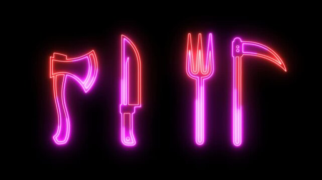 Glowing neon weapons lineup on black background, featuring axe, knife, pitchfork, and scythe in pink and purple luminous line art style.