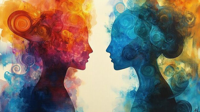 Two abstract female profiles facing each other, one in warm fiery reds and oranges and the other in cool blues and teal, swirling textured forms suggesting tension, calm, and introspection