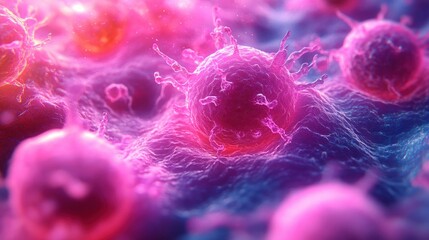 Glowing pink spherical cells with surface projections on textured tissue, close-up microscopic view conveying an otherworldly and tense scientific mood