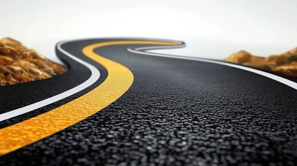 Close-up winding asphalt road with yellow centerline and white edge lines curving through rocky desert landscape, textured surface conveying motion and anticipation