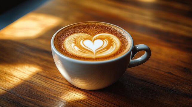 warm latte in a white ceramic cup with heart-shaped milk foam art on a wooden table bathed in soft sunlight, evoking cozy morning comfort