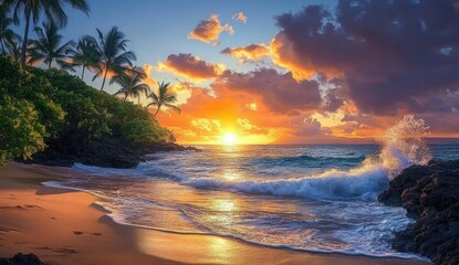 Golden sunset over a tropical beach with swaying palm trees, footprints in wet sand, waves crashing on dark lava rocks, colorful dramatic clouds and reflective foamy surf, serene awe