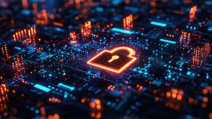 Glowing neon padlock on a futuristic circuit board evoking digital security, protection, and vigilance