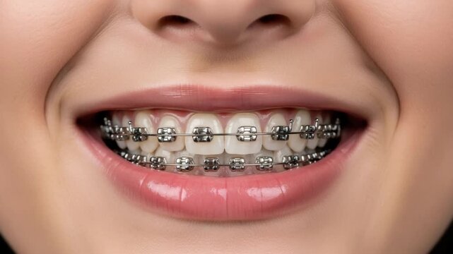 Extreme close up of a young caucasian woman smiling with metal braces. Orthodontic treatment for teeth alignment and bite correction. Dental care and stomatology concept
