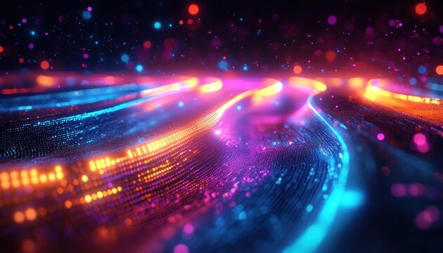 Glowing neon light waves and particle streams in vibrant blue, pink, purple and orange, forming flowing curved trails and bokeh sparks, evoking futuristic energy and dynamic motion