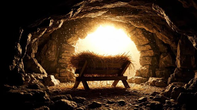Empty Manger in a Dark Cave with a Bright Divine Light.