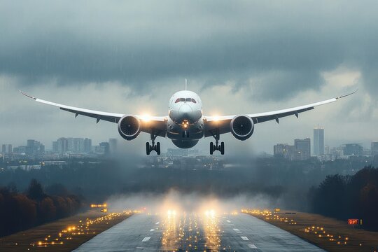 large passenger jet on final approach through rain and mist toward an illuminated wet runway with city skyline under a dramatic stormy sky, tense and powerful moment