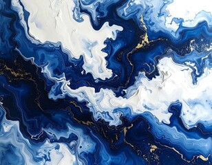 Abstract fluid acrylic art featuring swirls of blue, white, and gold pigment creating organic patterns