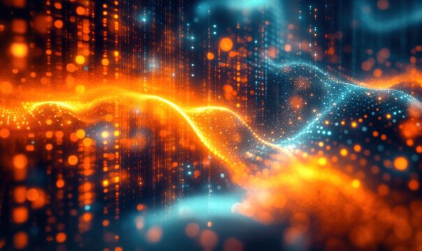 glowing orange and blue particle waves with cascading data streams, shimmering bokeh and neon lights conveying dynamic futuristic energy and motion