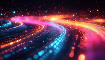 Vibrant curved neon light trails and glowing particles forming dynamic futuristic pathways, evoking motion and mesmerizing energy
