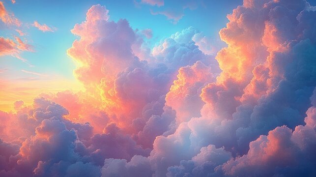 Towering pastel clouds at sunrise and sunset, glowing pink and orange cumulus formations over a serene blue sky, evoking awe and peaceful wonder - Powered by Adobe